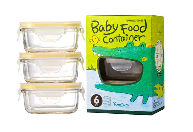 GLASSLOCK Baby Food Container Set, 3 leak-proof glass containers (150ml each) for safe meal storage and easy organization.