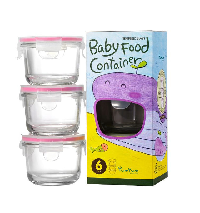 Set of 3 round 165ml glass baby food containers, featuring airtight, leak-proof lids for safe storage and meal prep.