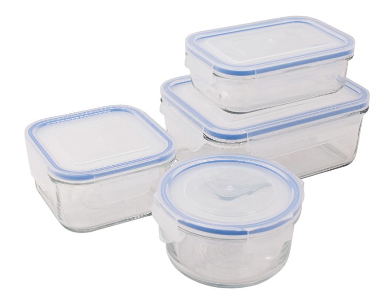 Set of 4 BPA-free tempered glass containers with airtight seals for fresh food storage and microwave cooking.