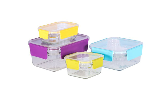 Glasslock Premium Oven Safe Container Set (4 Pcs) with airtight lids, stackable design, and durable BPA-free glass for meal prep.