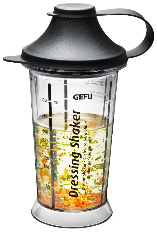 GEFU Mix Up Dressing Shaker with scale, pouring spout, and 300 ml capacity, ideal for mixing dressings and sauces.