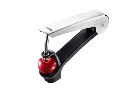 GEFU DROPIO Cherry Pitter in stainless steel and black, designed for easy, mess-free pitting of cherries and olives.