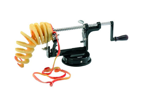 Gefu Delicio Apple Peeler performs 3-in-1 functions: peel, cut, and core apples or potatoes with a strong suction base.