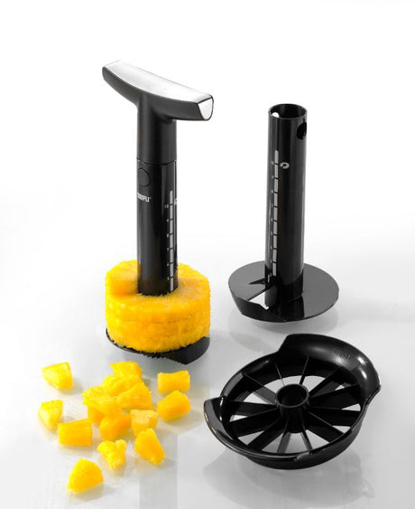 Pineapple slicer with durable blade and ergonomic grip for quick, uniform pineapple slices; dishwasher safe for easy cleanup.