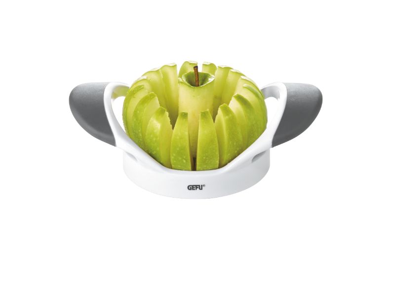 Gefu Parti Apple Divider with stainless steel blades, cuts apples and pears into 16 wedges and removes cores effortlessly.