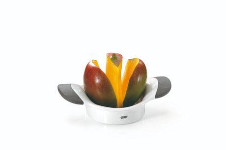 Mango cutter with sharp stainless steel blades, ergonomic grips for effortless slicing and coring, dishwasher safe, 19.6x13.2x5.2 cm.