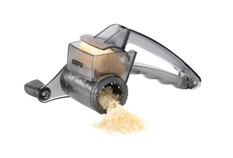 Versatile Rotary Grater with three interchangeable LASER CUT drums for slicing and grating, easy to clean and user-friendly.