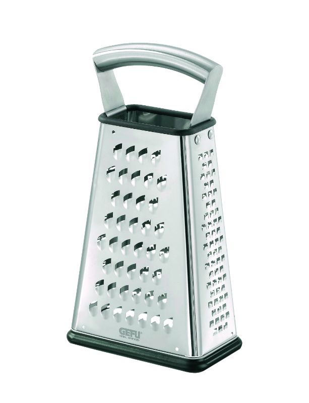 Gefu Vitales 4 Way Grater with four grating surfaces, anti-slip base, and durable stainless steel for versatile food prep.