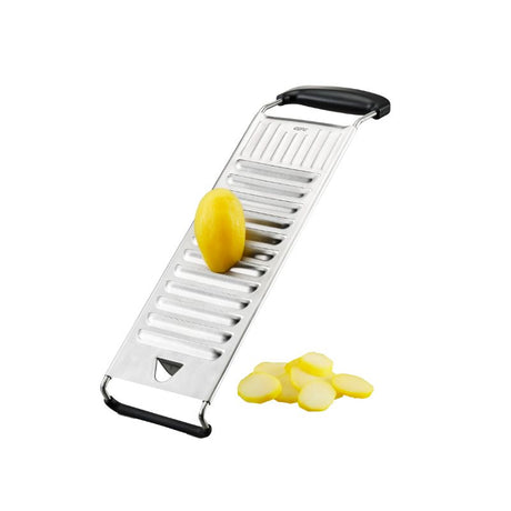 Gefu Pato Potato Slicer with 12 blades for effortless, even slicing of boiled potatoes, featuring a non-slip base and pot rest.