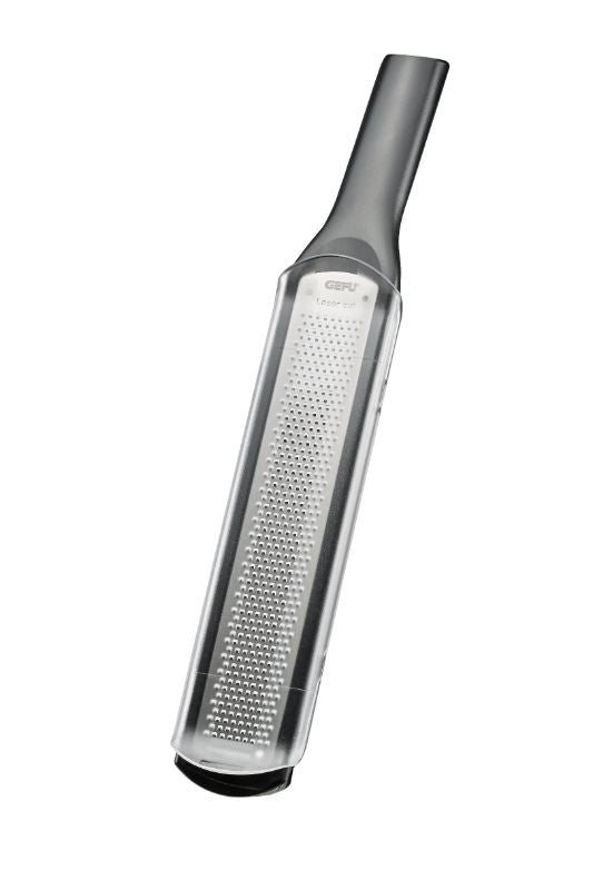 Gefu Rafino Fine Grater (32.2cm) with sharp blades, non-slip base, and protective cover for easy grating and clean-up.