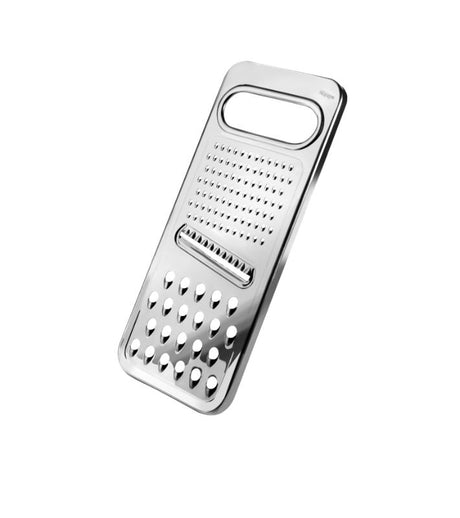 Sleek stainless steel universal grater, 24.3cm long, ideal for grating cheese and veggies, dishwasher safe for easy cleanup.