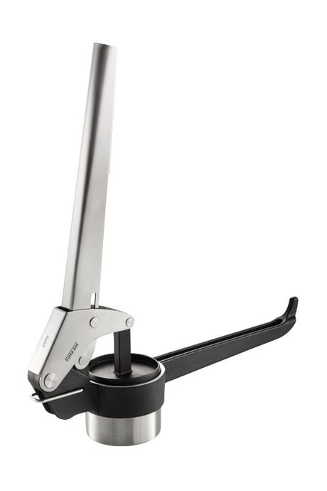 Force One Spaetzle Press by Gefu: durable stainless steel gadget for making German dumplings, includes two discs and easy cleaning.