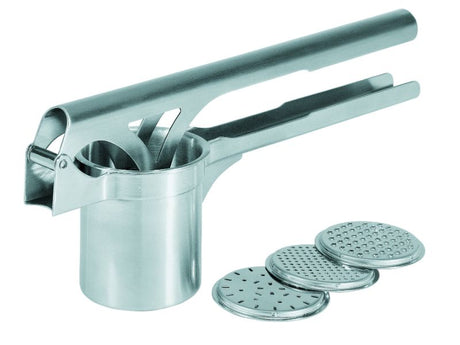 Gefu Tri Star Spaetzle Masher with three interchangeable discs, crafted from stainless steel for versatile kitchen use.