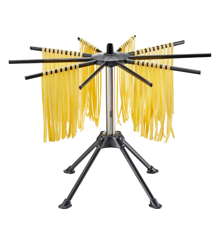 Compact 42cm pasta dryer with 10 sturdy arms for efficient drying, featuring a space-saving foldable design.