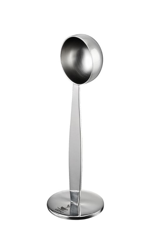 Tamper with Coffee Scoop - Gefu Tamino: Stainless steel tool for 7g coffee measurement and gentle tamping for espresso.