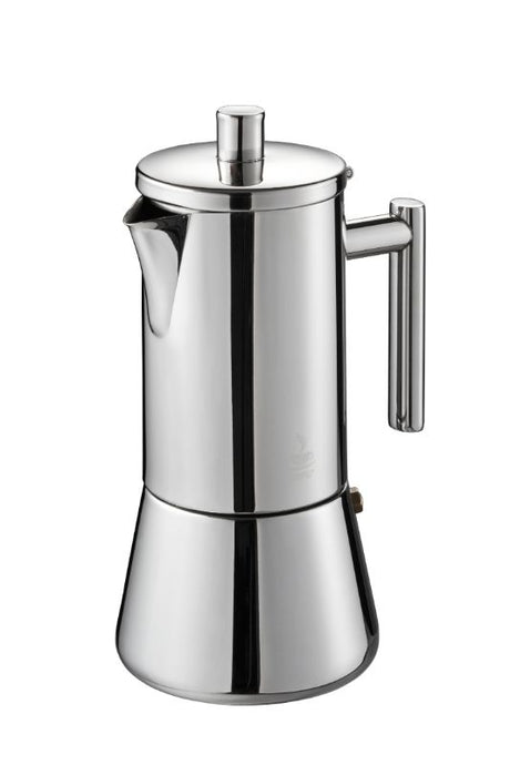 Gefu Nando Espresso Maker brews 4 cups of espresso, made of stainless steel, suitable for all stovetops, and dishwasher safe.