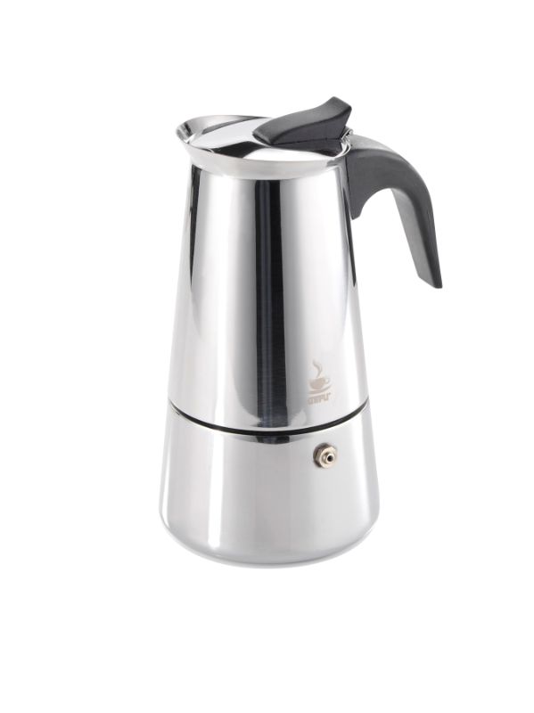 Gefu Emilio Espresso Maker brews 6 cups of authentic espresso with a stainless steel design, suitable for all stove types.