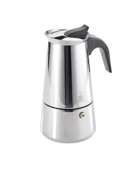 Gefu Emilio Espresso Maker brews 6 cups of authentic espresso with a stainless steel design, suitable for all stove types.