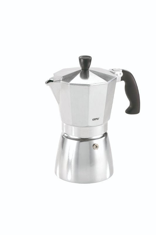 Compact aluminium espresso maker brews up to 3 cups, featuring an octagonal design and heat-insulated handle for safety.