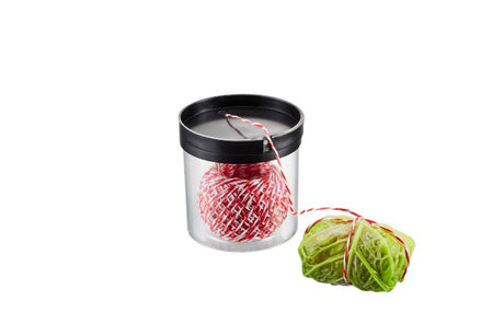 Dispenser with 50m red-and-white butcher twine, heat-resistant and food-safe, perfect for culinary tasks.