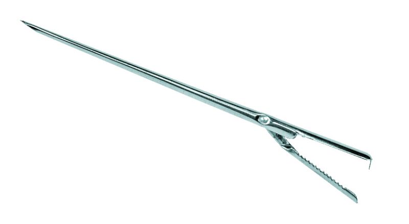 Stainless steel 19cm larding needle for inserting bacon and herbs into meats, enhancing flavor and juiciness.