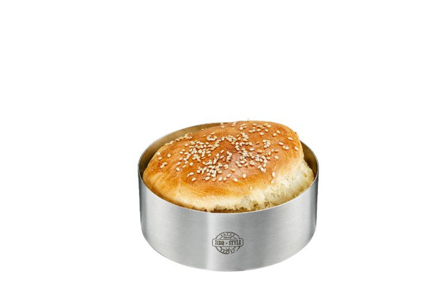 Stainless steel Burger Ring Mould by Gefu for crafting perfect 10.8cm burger patties and creatively arranging food.