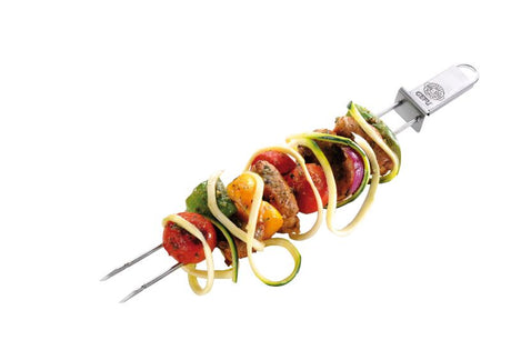 Gefu Twinco 32cm barbecue skewers in stainless steel with double prongs and integrated slider for easy food removal.