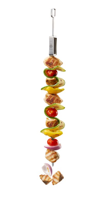 Set of 5 durable 45cm stainless steel barbecue skewers with integrated serving slider for easy food handling.