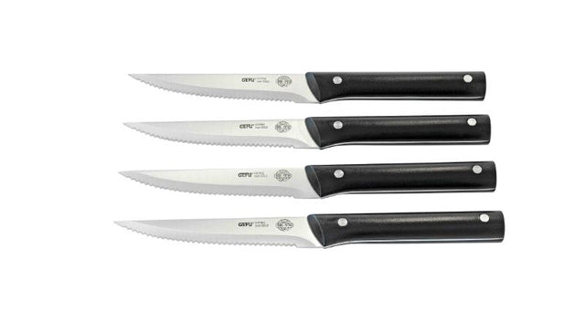 Set of four 12.5cm Gefu BBQ steak knives with sharp serrated blades for effortless cutting of meat, pizza, and vegetables.