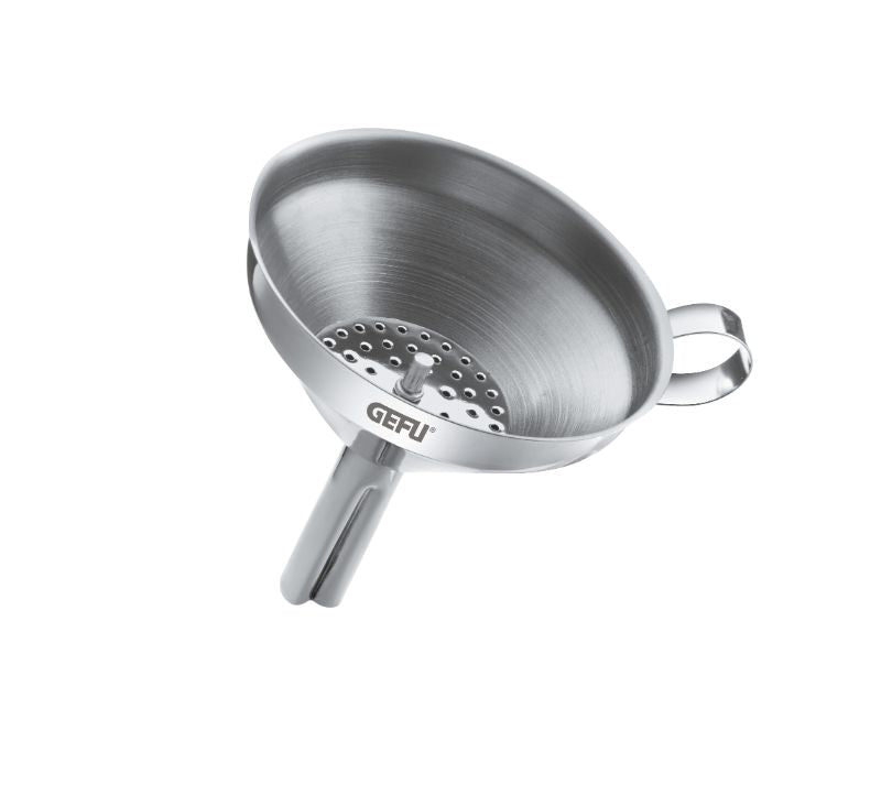 Stainless steel 10.5cm funnel with removable sieve for spill-free pouring and bottling of liquids and spices.