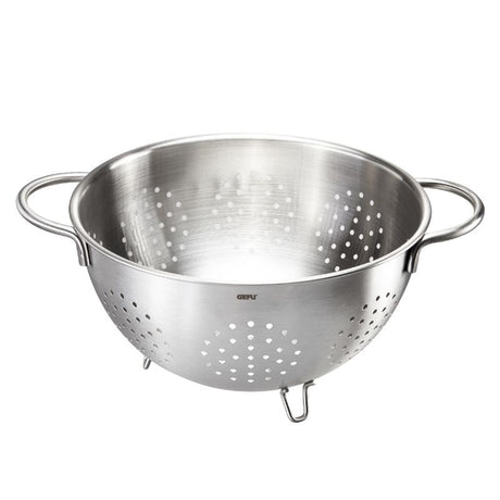 High-grade stainless steel 24cm strainer with optimal drainage holes, large handles, and stable feet for efficient straining.