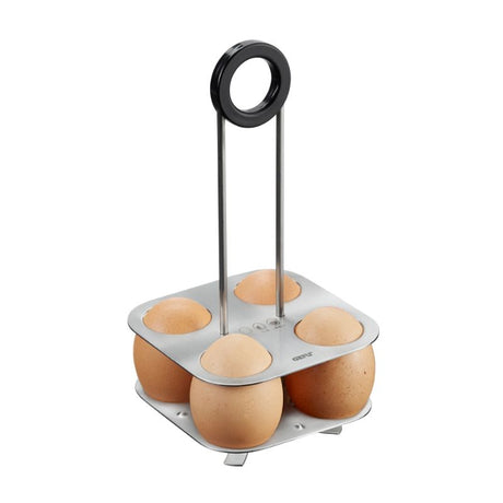 Elegant Gefu Brunch egg stand holding four eggs, made of stainless steel and plastic, perfect for boiling and serving.