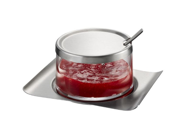 Hand-made glass jam jar with stainless steel lid, ideal for serving marmalade, dips, and sauces at meals.