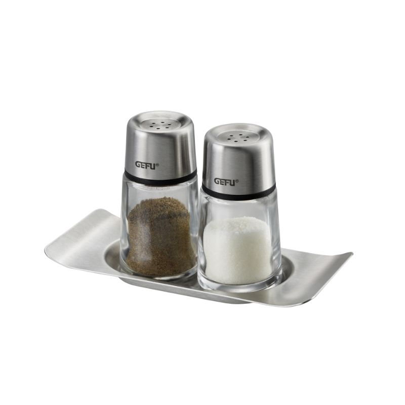 Elegant salt and pepper shaker set on a stainless steel tray, crafted from glass and high-grade stainless steel, dishwasher safe.