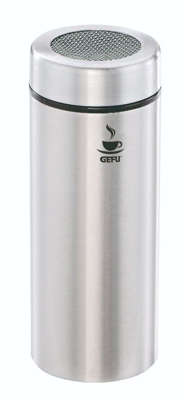 Elegant Gefu Fina Mesh Top Shaker for precise decoration of desserts and beverages with cocoa and icing sugar.