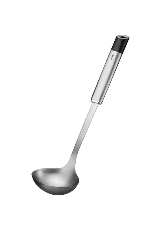 Stainless steel ladle with ergonomic handle, 34.2cm, for serving soups and batters, dishwasher safe, 100ml capacity.