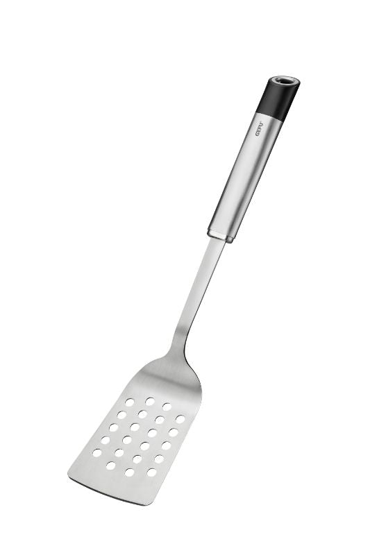 Ergonomic flat turner made from stainless steel, designed to flip food while reducing splatters, 36.1cm long.