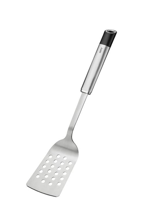 Ergonomic flat turner made from stainless steel, designed to flip food while reducing splatters, 36.1cm long.