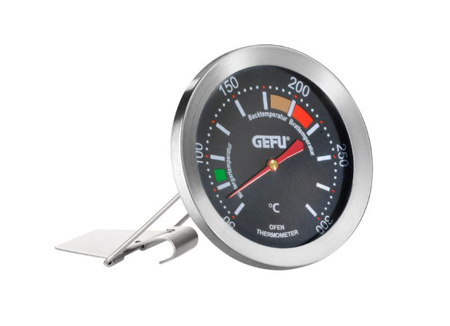 Oven thermometer in stainless steel with color coding, measuring 50°C to 300°C, perfect for baking and roasting.