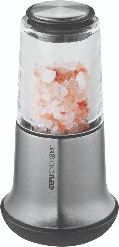 Compact Gefu X-Plosion Salt/Pepper Mill with adjustable grind, CYCLONE® ceramic grinder, and airtight lid for freshness.