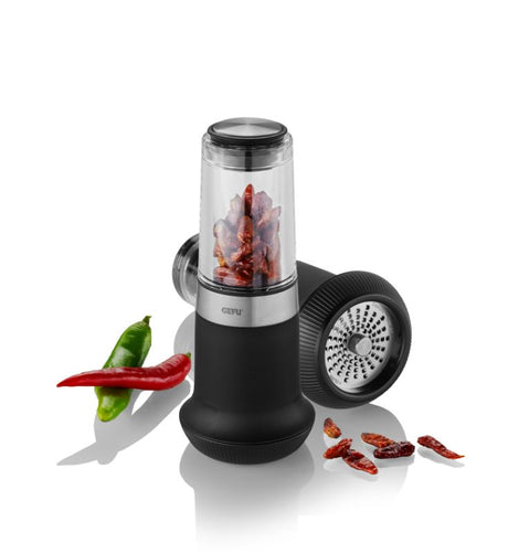 Gefu X-Plosion Chilli Cutter with a sharp stainless steel blade, compact design, and airtight spice chamber for fresh chillies.