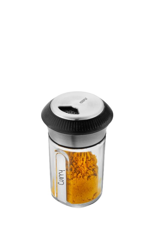 Gefu X-Plosion Spice and Herb Shaker with glass body, adjustable lid, and labels for easy spice organization.