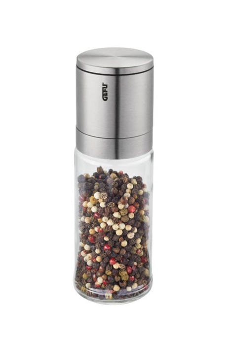 Sleek Gefu Lamola salt and pepper mill with adjustable ceramic grinder and aroma-seal cap for precise seasoning.