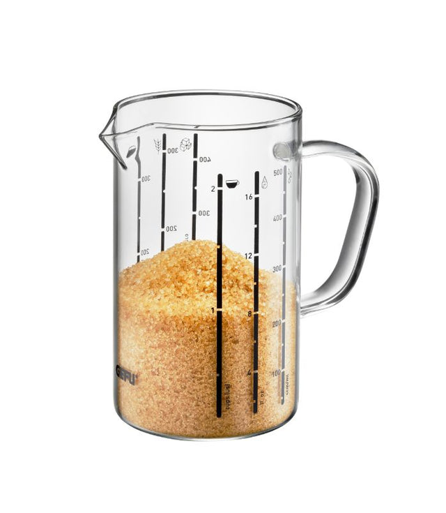 Clear borosilicate glass measuring jug with 500ml capacity and measurement markings for precise cooking and baking.