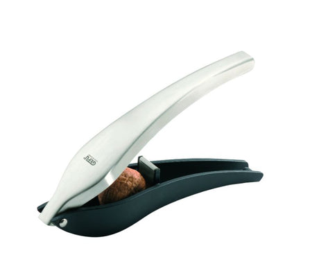 Sleek GEFU Manolo nutcracker, 21.8cm, features a two-compartment design for cracking various nuts without damaging kernels.