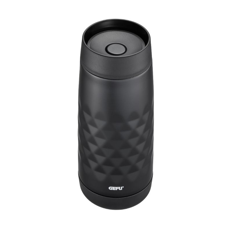 Sleek black thermal mug with double-walled insulation, 400 ml capacity, 100% leak-proof, and easy one-handed operation.