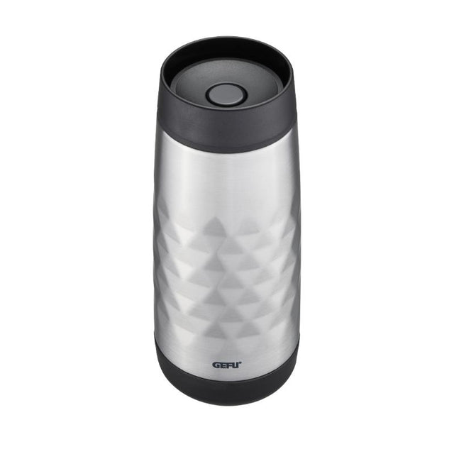 Sleek silver GEFU NEVIO thermal mug with double-walled insulation for hot/cold drinks, 100% leak-proof, and 400 ml capacity.