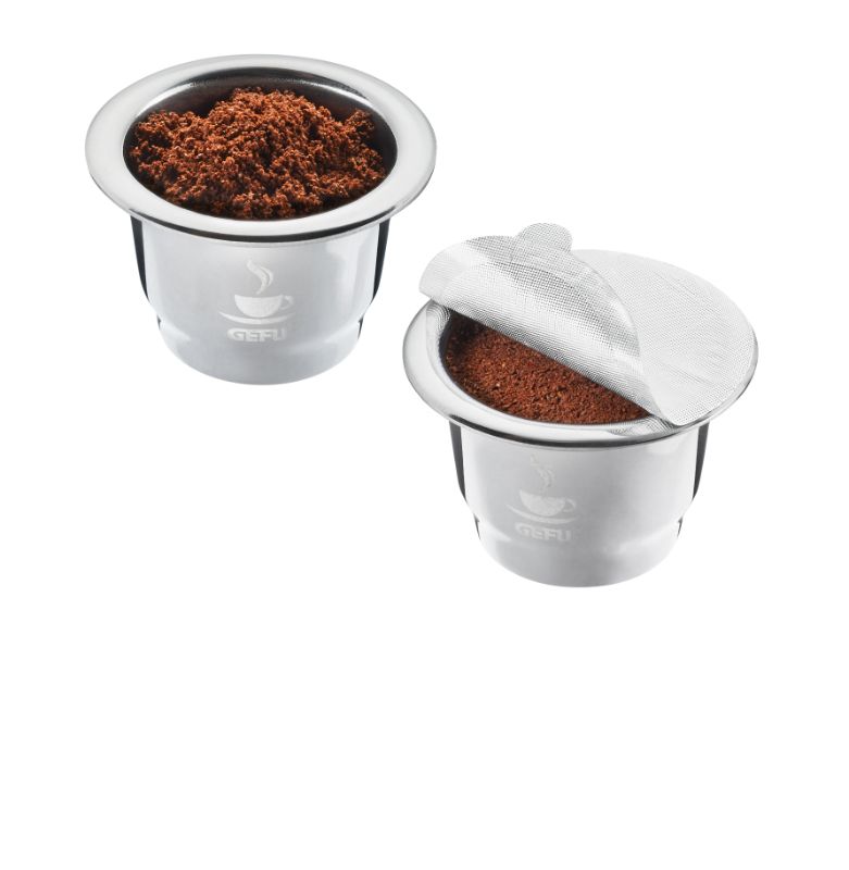 Stainless steel Gefu Conscio coffee capsules (2 pieces) for rich flavor, durable design, and easy cleanup.