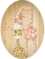 Giraffe Family plywood oval wall art, eco-friendly, vibrant design, perfect for nurseries or family spaces, easy to hang.