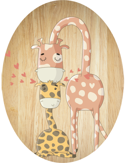 Giraffe Family plywood oval wall art, eco-friendly, vibrant design, perfect for nurseries or family spaces, easy to hang.